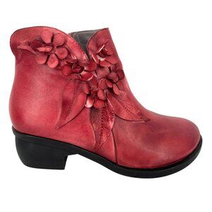 Socofy Red Floral Embellished Ankle Boots Size 39 US 8